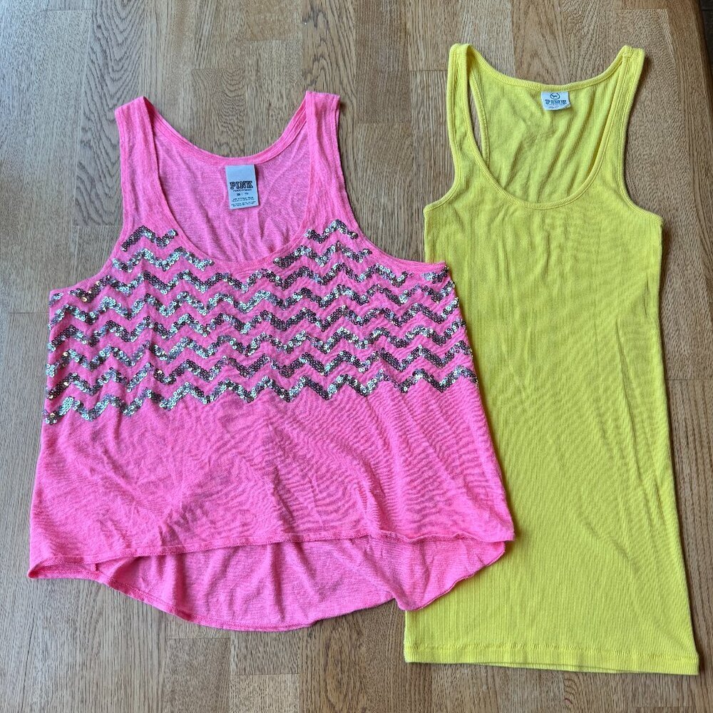 VS PINK Tank Top Bundle Pink Sequin Yellow Ribbed Size XS